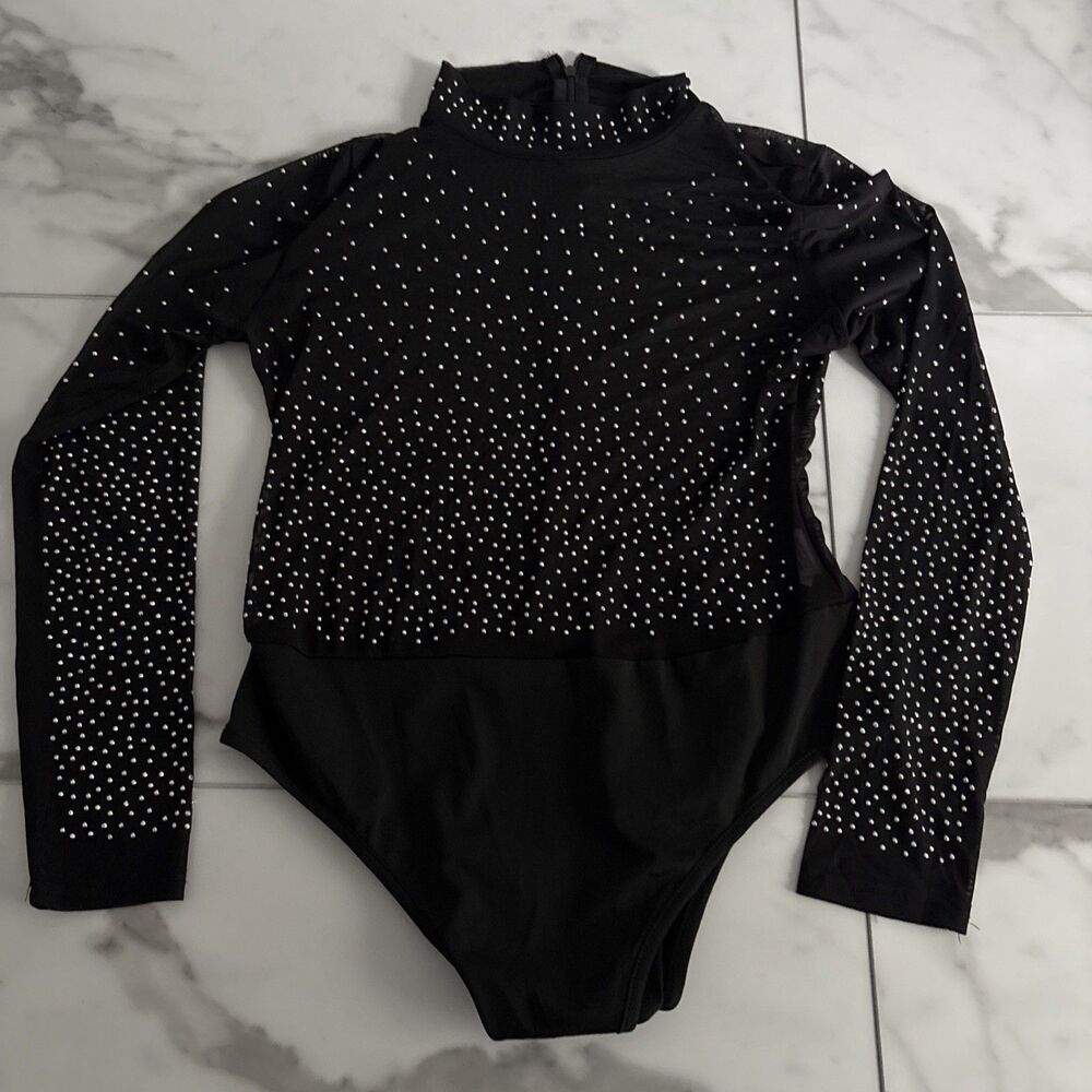 Black Sheer Mesh Rhinestone Mock Neck Bodysuit Women's Medium